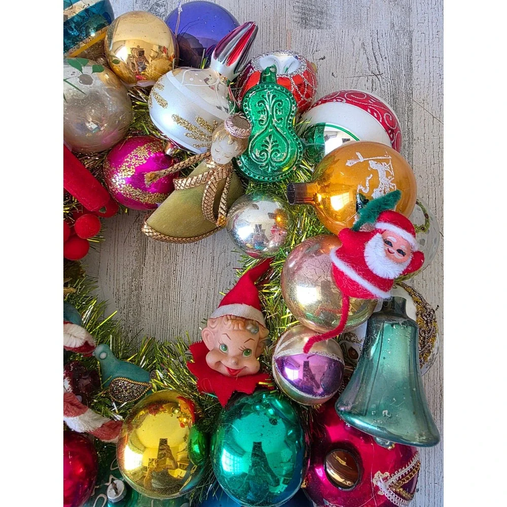 Antique vintage glass ornament wreath pixie knee hugger Santa Xmas hanging decor